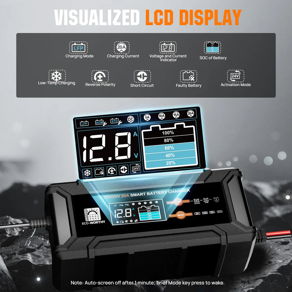 ECO-WORTHY 20A 12V/24V Smart Battery Charger with LCD Display — Умное зарядное устройство 12/24В, 20А, с LCD-дисплеем, для LiFePO₄ и свинцовых АКБ