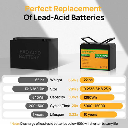 ECO-WORTHY 12V 100Ah — Литиевая аккумуляторная батарея LiFePO₄, 1.28 кВт·ч, с дисплеем SOC и Bluetooth