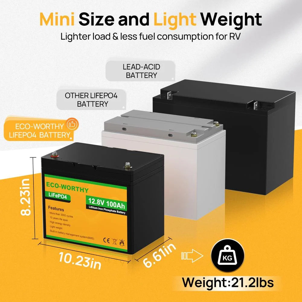 ECO-WORTHY 12V 100Ah — Литиевая аккумуляторная батарея LiFePO₄, 1.28 кВт·ч, с дисплеем SOC и Bluetooth