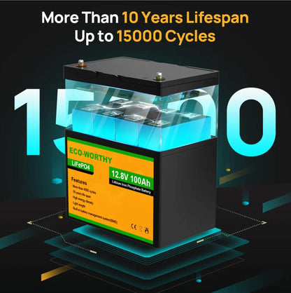 ECO-WORTHY 12V 100Ah — Литиевая аккумуляторная батарея LiFePO₄, 1.28 кВт·ч, с дисплеем SOC и Bluetooth