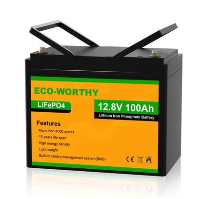 ECO-WORTHY 12V 100Ah — Литиевая аккумуляторная батарея LiFePO₄, 1.28 кВт·ч, с дисплеем SOC и Bluetooth