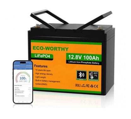 ECO-WORTHY 12V 100Ah — Литиевая аккумуляторная батарея LiFePO₄, 1.28 кВт·ч, с дисплеем SOC и Bluetooth