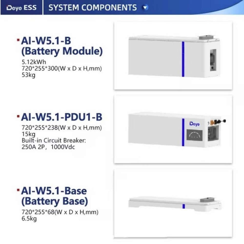Deye AI-W5.1-B 5.12 kWh — Базовый комплект энергонакопителя 5.12 кВт·ч, LiFePO₄, IP65, с PDU и основанием и возможностью масштабирования
