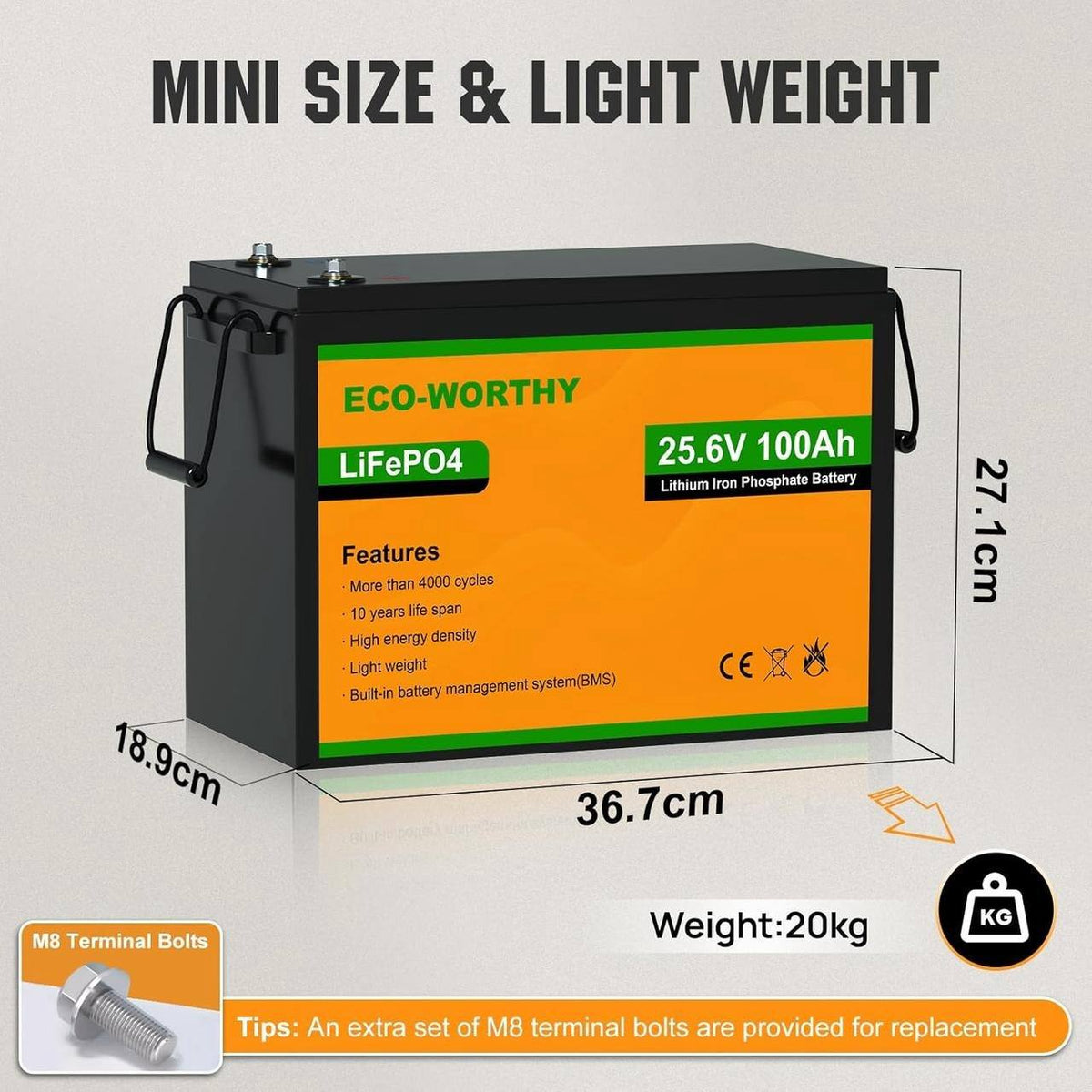 Eco-Worthy 25.6V 100Ah LiFePO4 baterija